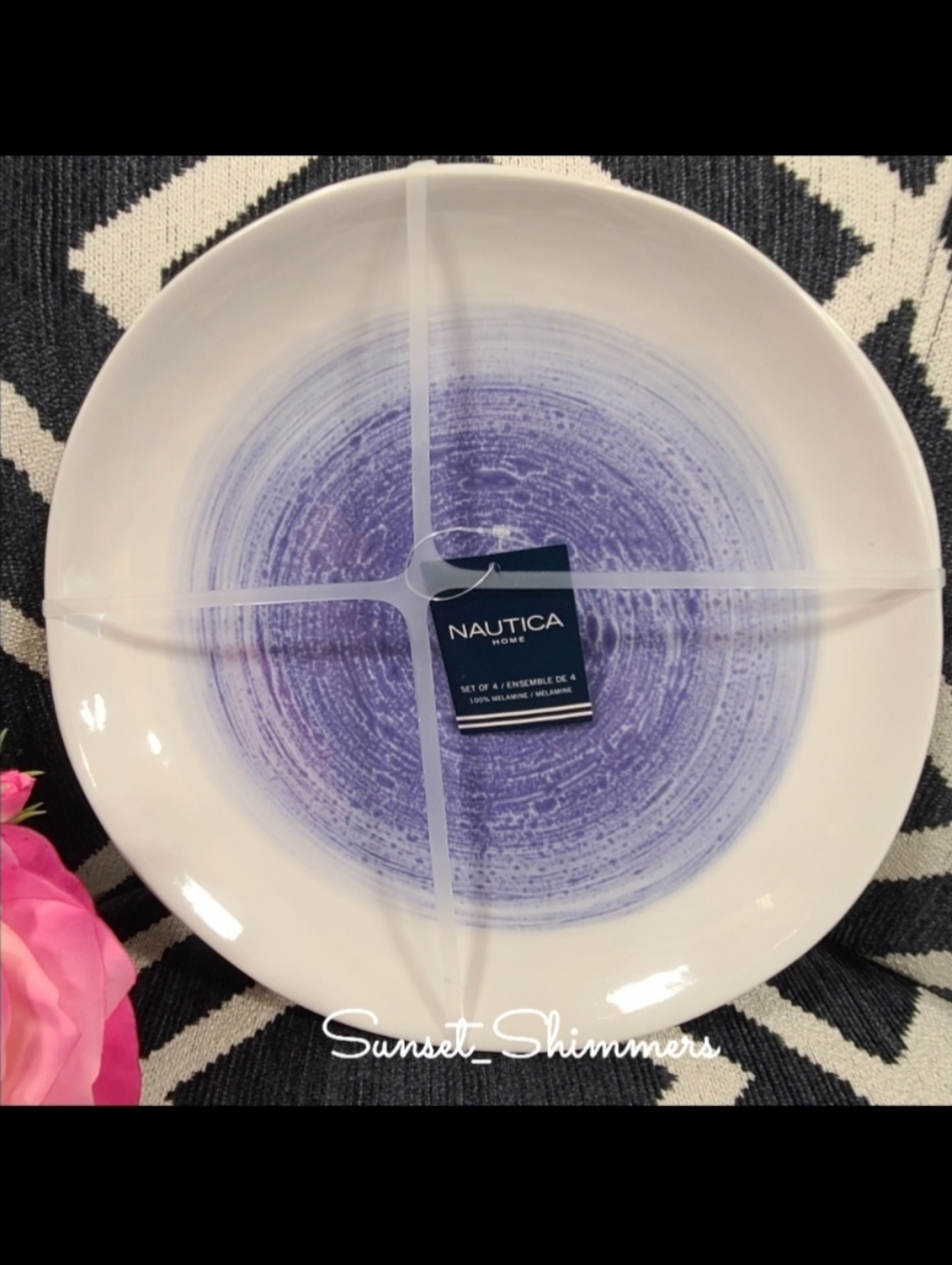 4pc Nautica Blue Watercolor Swirl MELAMINE Dinner Plates Set NEW